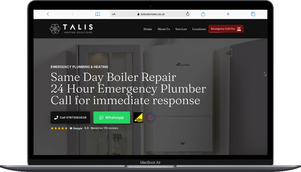 Talis Heating Solutions boiler repair homepage on a laptop