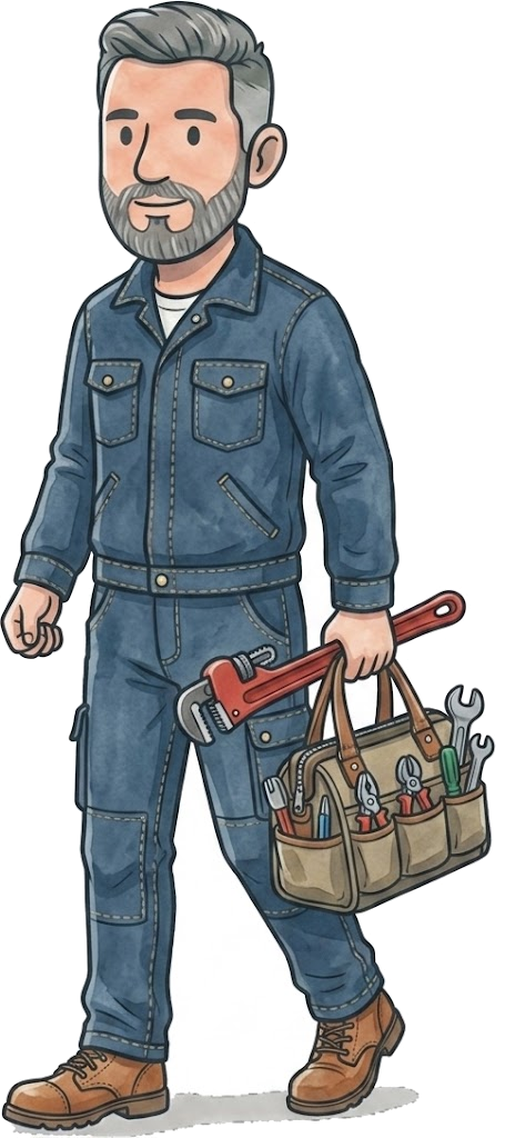 Illustration of a Gas Safe heating engineer with a tool bag and pipe wrench
