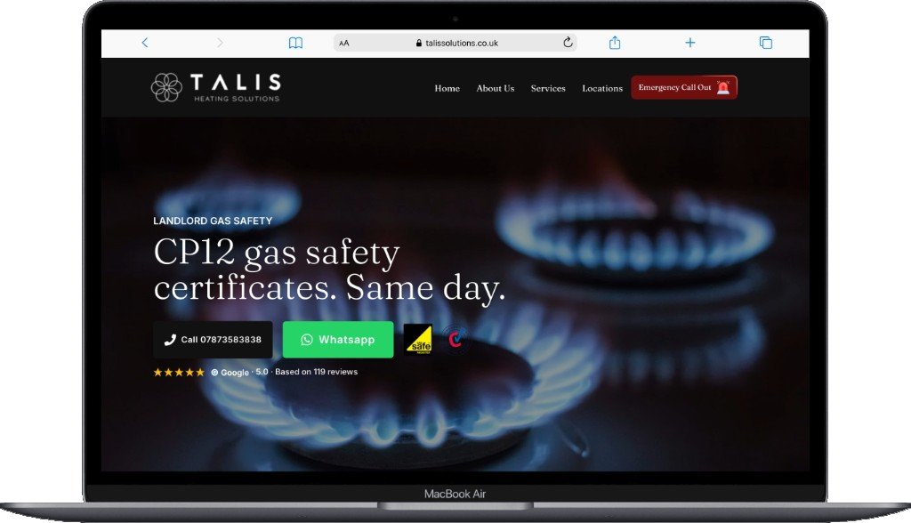Talis Heating Solutions CP12 gas safety certificates homepage on a laptop