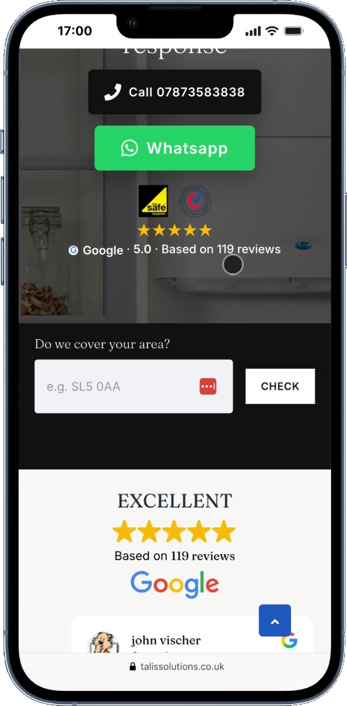 Talis Heating Solutions Google reviews and area checker on mobile