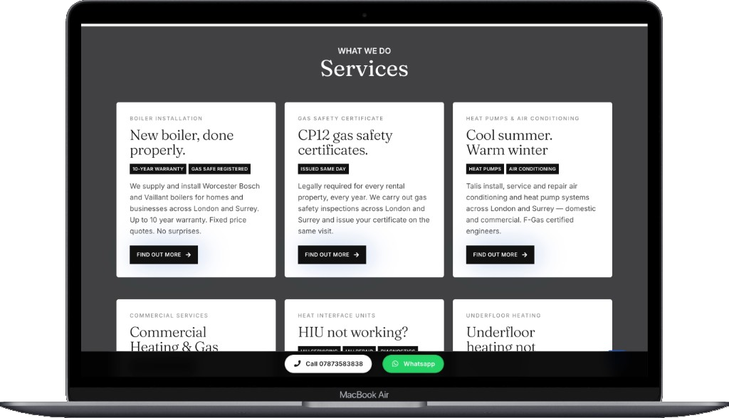 Talis Heating Solutions plumbing and gas services on desktop