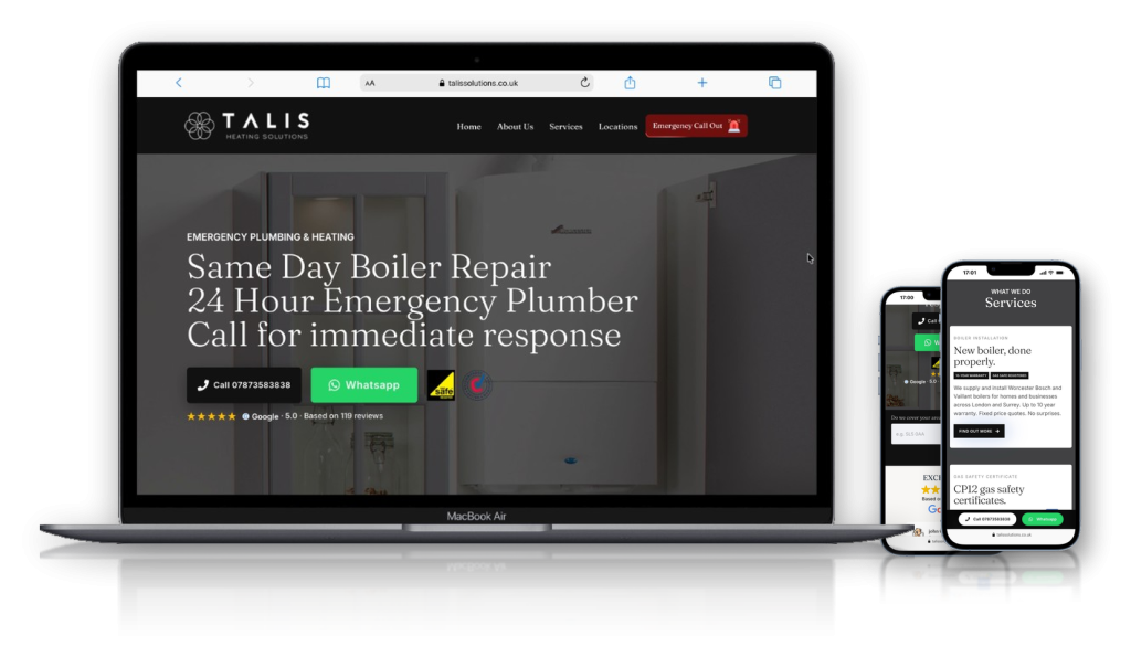 Talis Heating Solutions website shown on laptop and smartphones