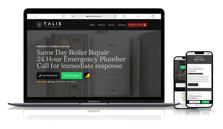 Talis Heating Solutions website on a laptop