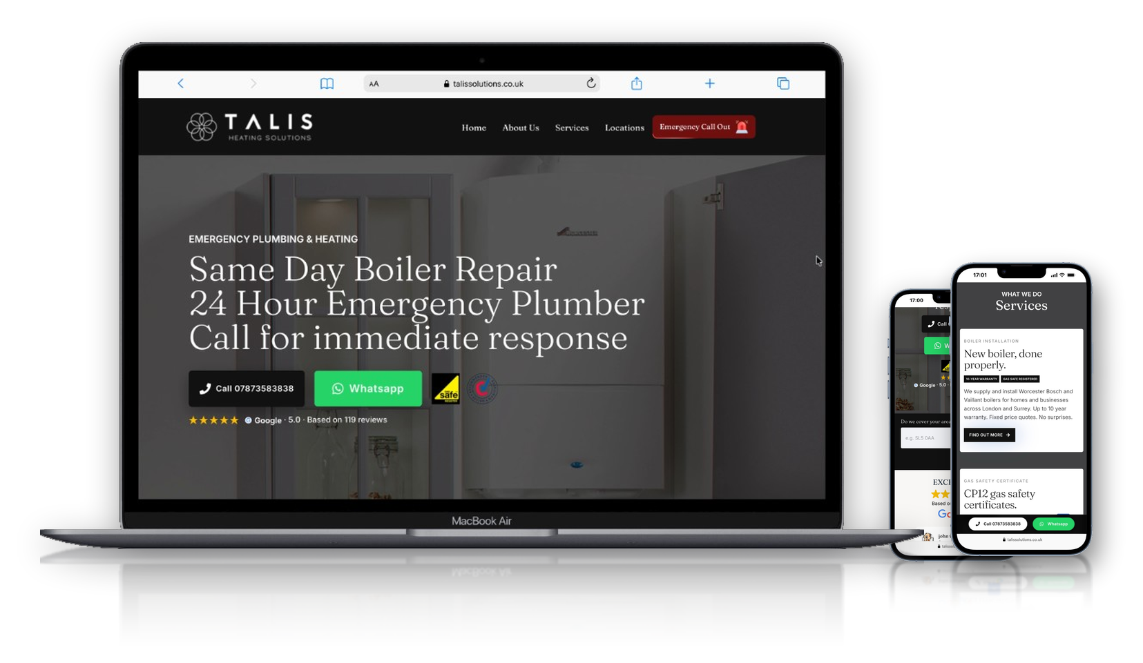 Talis Heating Solutions website shown on laptop and smartphones