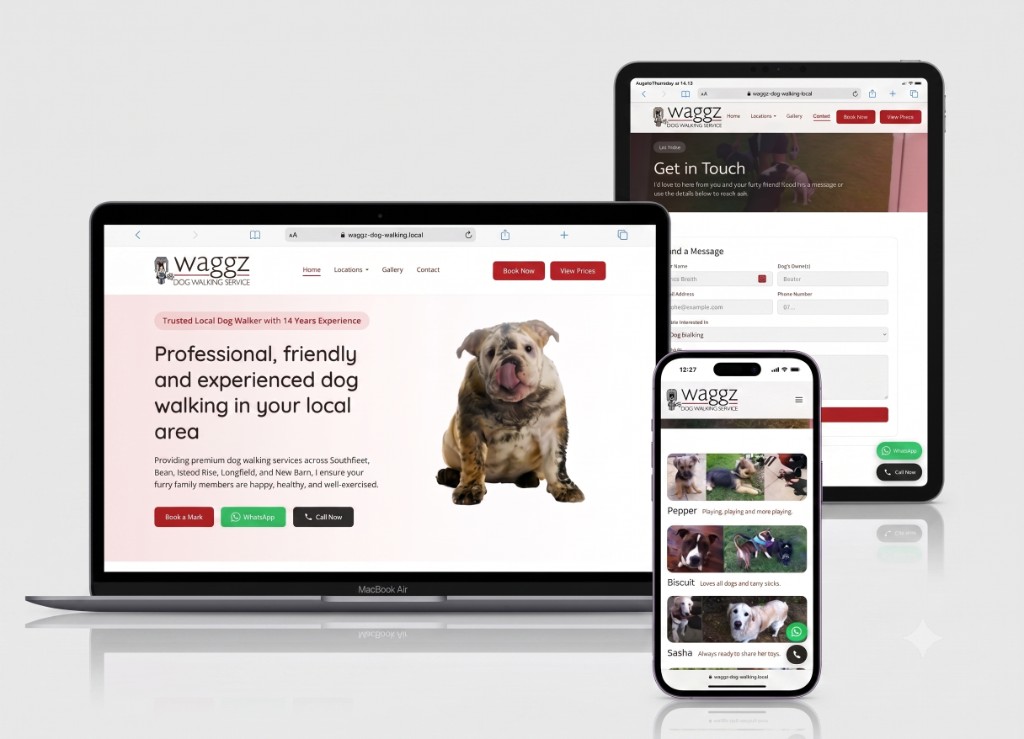 Waggz Dog Walking website shown on laptop, tablet and smartphone