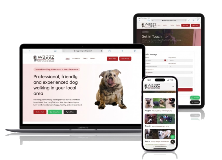 Waggz Dog Walking website on laptop and phone