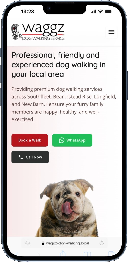 Waggz mobile homepage with Book a Walk, WhatsApp and Call Now buttons