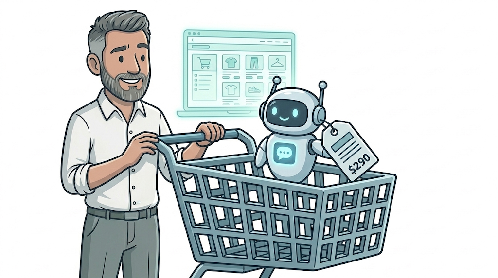 Illustration of a man pushing a shopping cart with a small AI robot inside, in front of a digital product catalogue, representing AI shopping agents for small business websites