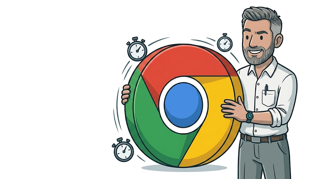 Illustration of a man holding a large Google Chrome logo with stopwatches spinning around it, representing Chrome’s faster two-week update cycle