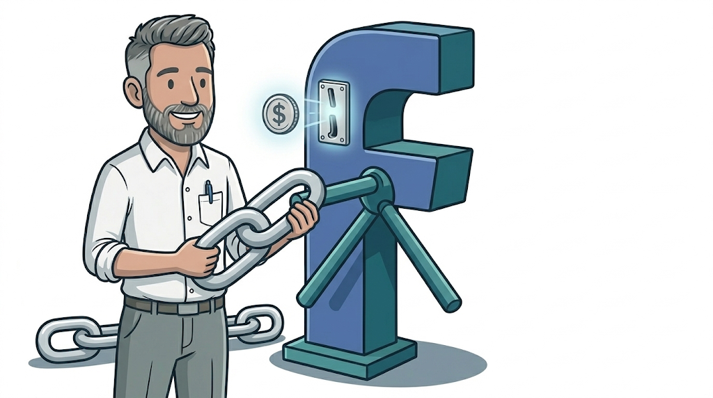 Illustrated Gareth Cross mascot feeding a giant chain link through a coin-slot turnstile shaped like the Facebook logo