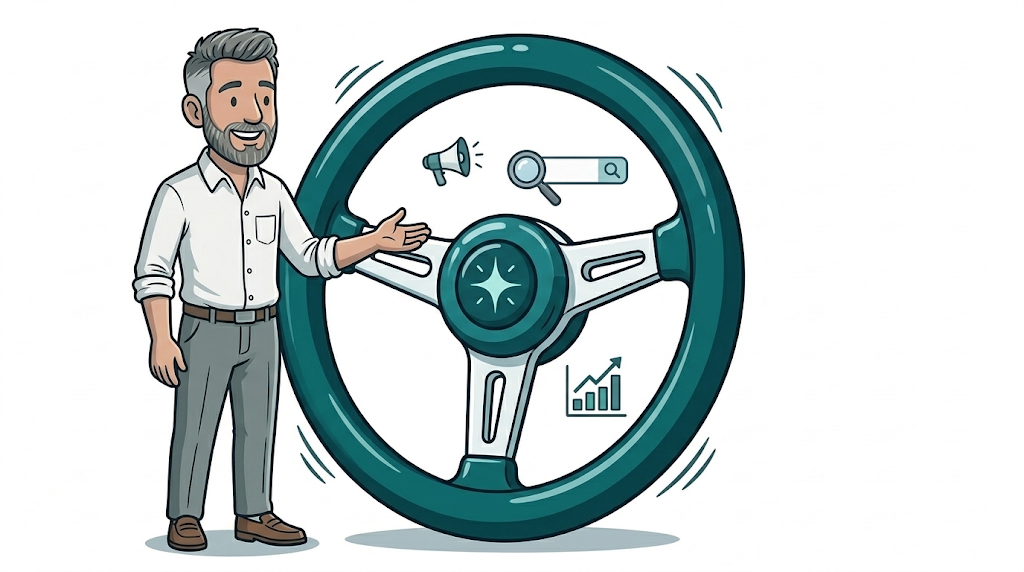 Illustrated man in a white shirt standing beside a giant teal steering wheel with search, megaphone and growth-chart icons, representing the Google Ads AI Max upgrade.