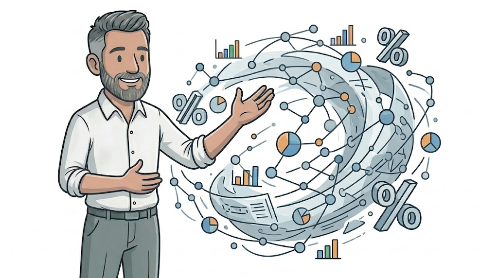 Illustration of a smiling man presenting a swirling globe of charts, pie graphs and percentage symbols, representing how to track link clicks from Threads to your website.